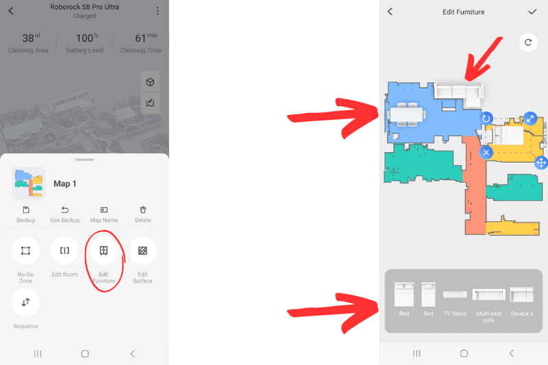 Placing furniture on the map on the Roborock app